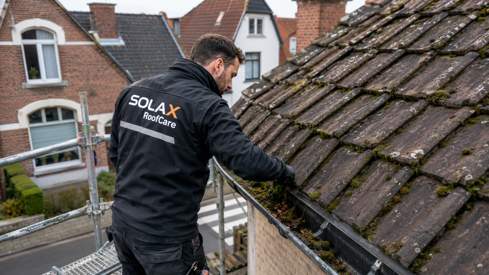 Technicien SOLAX RoofCare en entretien de gouttière sur une toiture belge