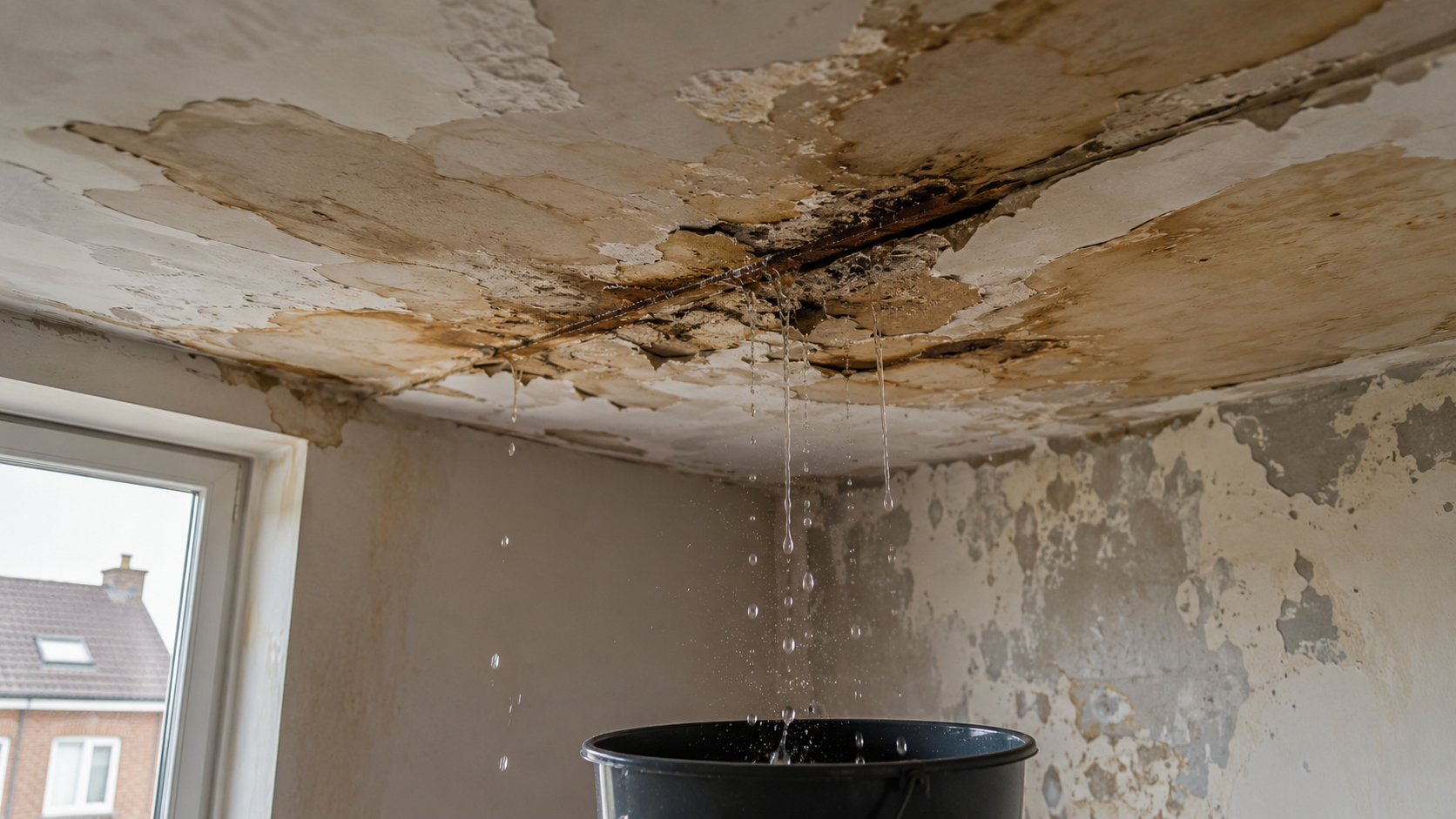 Plafond intérieur très dégradé par une infiltration d'eau