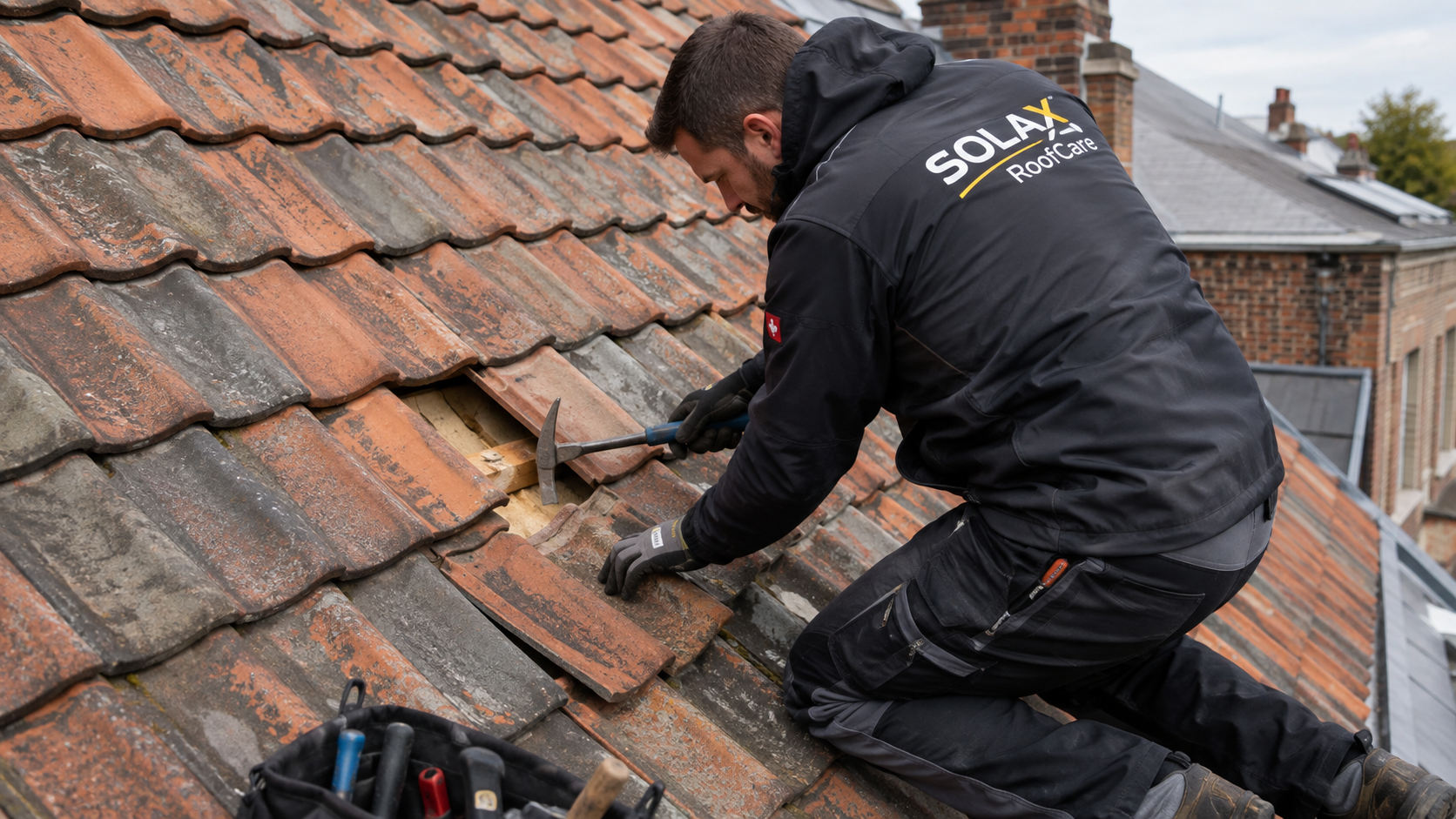 Technicien SOLAX RoofCare en réparation ciblée sur une toiture en tuiles en Belgique