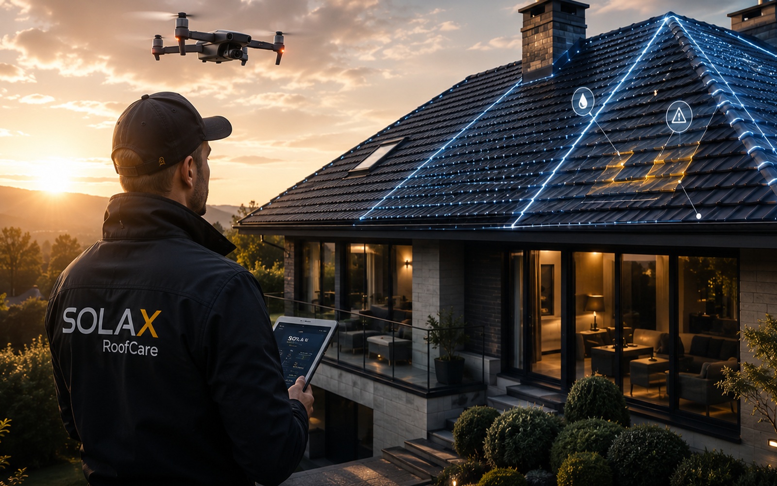 Technicien SOLAX RoofCare sur toiture au coucher du soleil